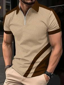 Close-up of men's polo shirt featuring zipper neckline and geometric 3D print texture