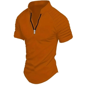 Burnt orange slim fit polo shirt with zipper collar and pleated sleeve details for men