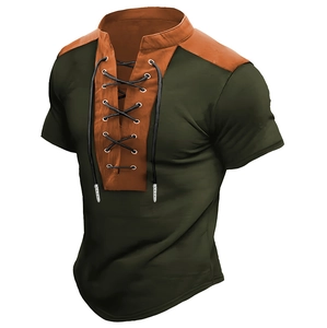 Close-up of military green men's vintage shirt with brown faux leather trim and lace-up neck