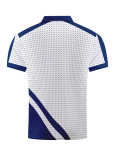 Detail view of the back of a white men's polo shirt with navy contrast panels and textured fabric