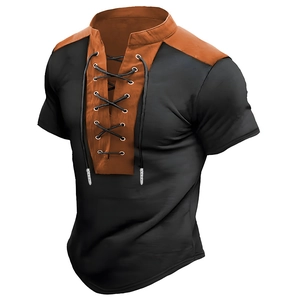 Men's retro short sleeve T-shirt with V-neck drawstring and black brown patchwork design