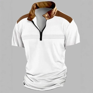 Men's slim fit short sleeve polo shirt with zipper neck and brown contrast stitching