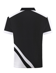 Detailed back view of men's polo shirt featuring geometric black and white 3D print patterns