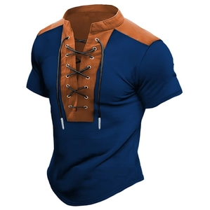 Men's retro navy short sleeve T-shirt with brown leather patchwork and lace-up neck