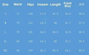 Detailed men's summer casual set size chart showing waist and hip measurements for S to XXL