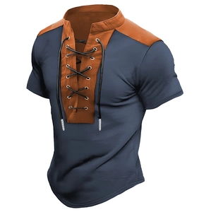 Detailed view of vintage lace-up V-neck and contrasting brown panel on navy polo shirt