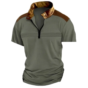 Men's olive green polo shirt with brown contrast panels and quarter-zip neck detail