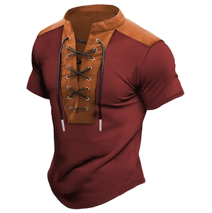 Detail of burgundy and brown medieval style polo shirt with drawstring v-neck and faux leather trim