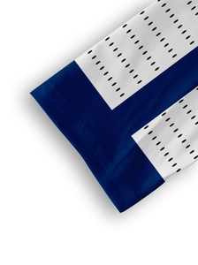 Close-up of navy blue and white breathable mesh fabric with precision stitching