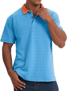 Detail of light blue men's polo shirt with orange collar and honeycomb texture