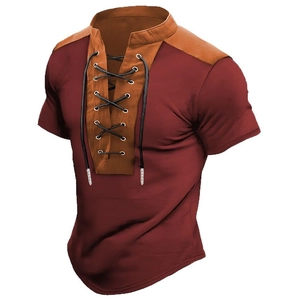 Vintage men's burgundy short sleeve T-shirt with faux leather patchwork and lace-up neck