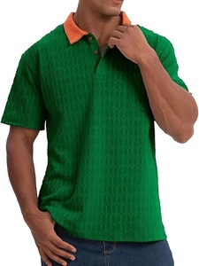 Detail of green men's Polo shirt with orange collar and textured honeycomb fabric