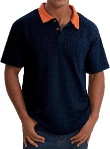 Detail of navy blue polo shirt with orange collar, front pocket and brown buttons