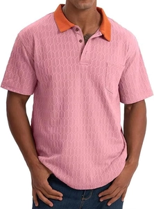 Detailed macro view of pink polo shirt with orange collar and honeycomb knit texture