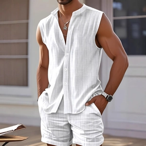 Men Summer Casual Sleeveless Button Down Shirt And Shorts Waffle Textured Beach Vacation Top And Pants Outfit