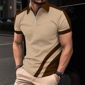 Men's Summer Fashion Breathable 3D Print Polo Shirt Short Sleeve Color Block Zipper Lapel Casual Sports Golf Polo Top