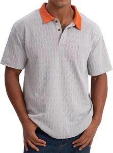 Detail of grey polo shirt featuring orange collar and hexagonal honeycomb fabric texture