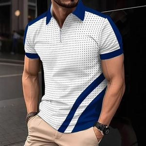Men's sport polo shirt with zipper neck and 3D printed blue geometric pattern