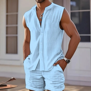 Men's summer light blue sleeveless button shirt and shorts set with waffle texture