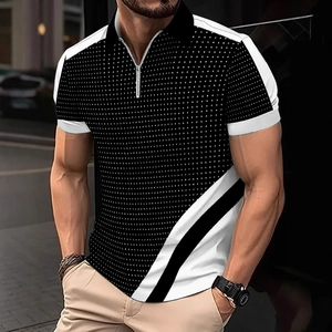 Men's breathable polo shirt with black and white 3D print and half-zip collar design
