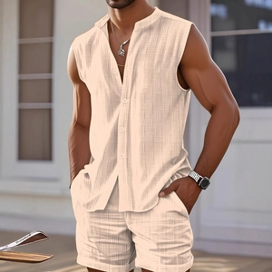 Men's summer casual two-piece sleeveless shirt and shorts set in textured beige fabric