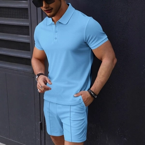 Ensemble Polo et Short Décontracté d'Été pour Hommes Maille Gauffrée Quadrillage Manches Courtes Respirant Tenue Deux Pièces