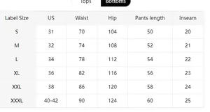 Size chart for men's shorts showing US size, waist, hip, and pants length for S to XXXL