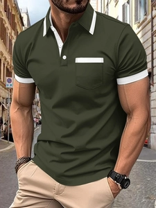 Close-up of military green men's Polo shirt with white contrast trim on collar and pocket