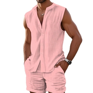 Men's summer pink sleeveless button shirt and shorts set with textured waffle fabric