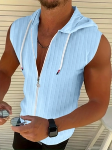 Close-up of light blue waffle texture knit and zipper detail on men's hooded tank top