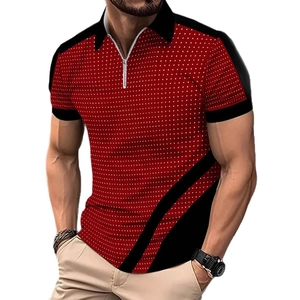 Men's 3D print breathable Polo shirt in red with white dots and black contrast panels