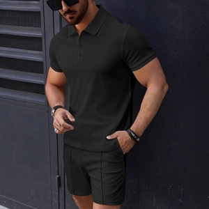 Ensemble d'été homme polo à manches courtes et short en maille gaufrée gris foncé
