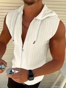 Detail of men's sleeveless zip hoodie showing textured jacquard stripe and waffle fabric