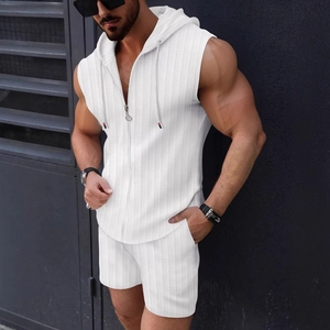 Men's summer white hooded zip-up sleeveless vest and shorts set with waffle texture