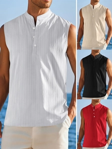 Multiple colors of men's sleeveless stand collar shirts shown in beach settings