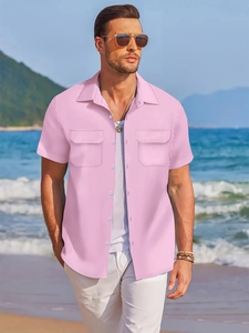 Close-up of pink striped short sleeve shirt with double chest pockets for summer vacation
