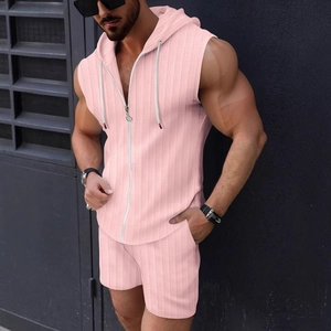 Men's summer pink hooded sleeveless vest and shorts set with waffle texture