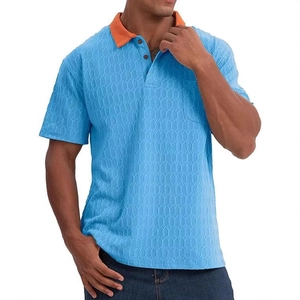 Men's Contrast Color Collar Polo Shirt Honeycomb Textured Short Sleeve Top With Pocket Casual Breathable Golf Shirt