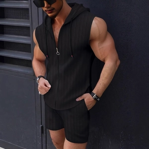 Men's black waffle texture summer set with zip hooded sleeveless vest and sports shorts