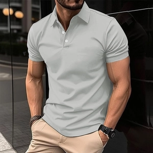 Close-up of slim-fit light grey cotton Polo shirt with buttoned collar and ribbed texture