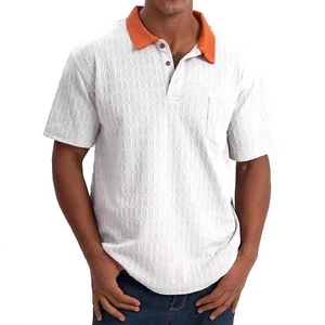 Men's white short sleeve polo shirt with orange collar and honeycomb textured fabric