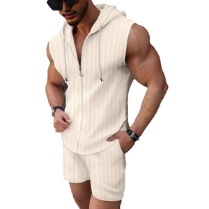 Men's summer hooded sleeveless zip-up vest and shorts two-piece set in waffle knit fabric