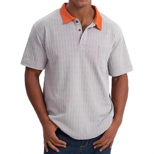Men's short sleeve polo shirt in light grey with orange collar and honeycomb texture