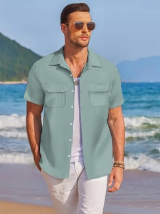 Men's green and white striped short sleeve summer shirt with dual chest pockets