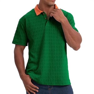 Men's green short sleeve polo shirt with orange contrast collar and honeycomb texture