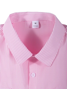 Detail of pink striped shirt collar and 100% polyester fabric texture in M size