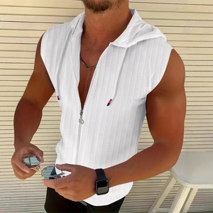 Men's Sleeveless Hooded Vest Slim Fit Waffle Texture Zipper Up Tank Top Casual Athletic Gym Sleeveless T-Shirt For Men