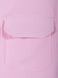 Close-up of pink striped shirt showing chest pocket with detailed stitching and texture