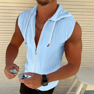 Men's sleeveless zip-up hoodie with light blue jacquard texture and athletic fit