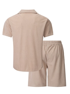 Detail view of khaki corduroy texture on short sleeve shirt and shorts set for men